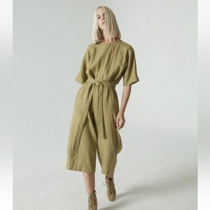 Linenfox Olivia 100% Linen Jumpsuit Olive green Women's Large Crop Wide Leg